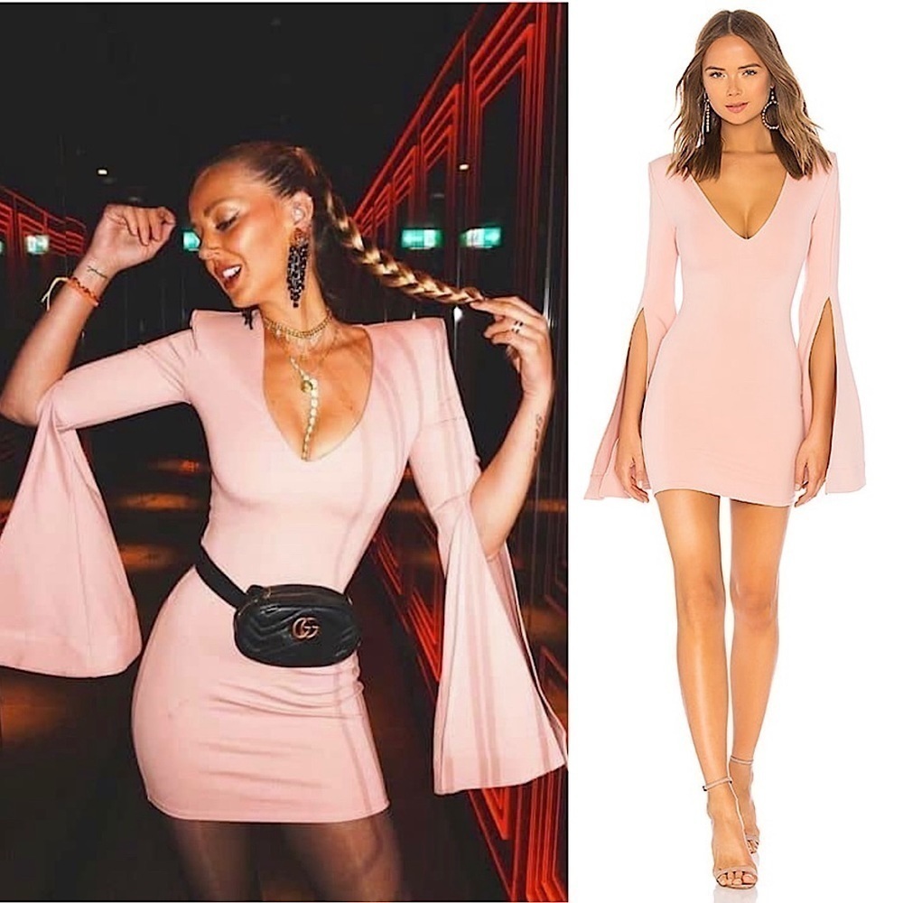 NWT MICHAEL COSTELLO X REVOLVE 70s Long Bell Sleeve V-Neck Bodycon Mini Dress M